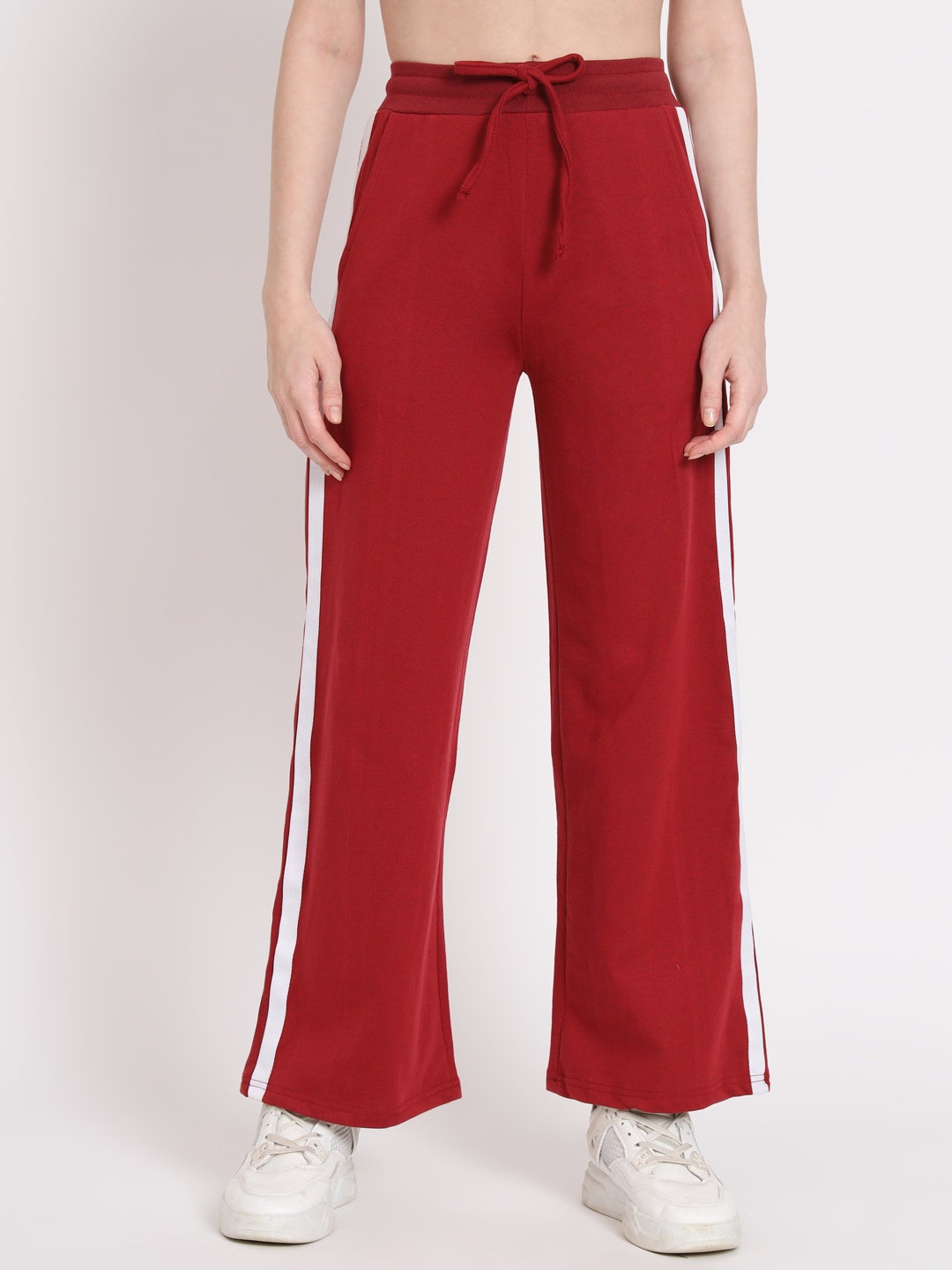 

Q-rious Women Striped Mid-Rise Pure Cotton Regular Track Pants, Maroon
