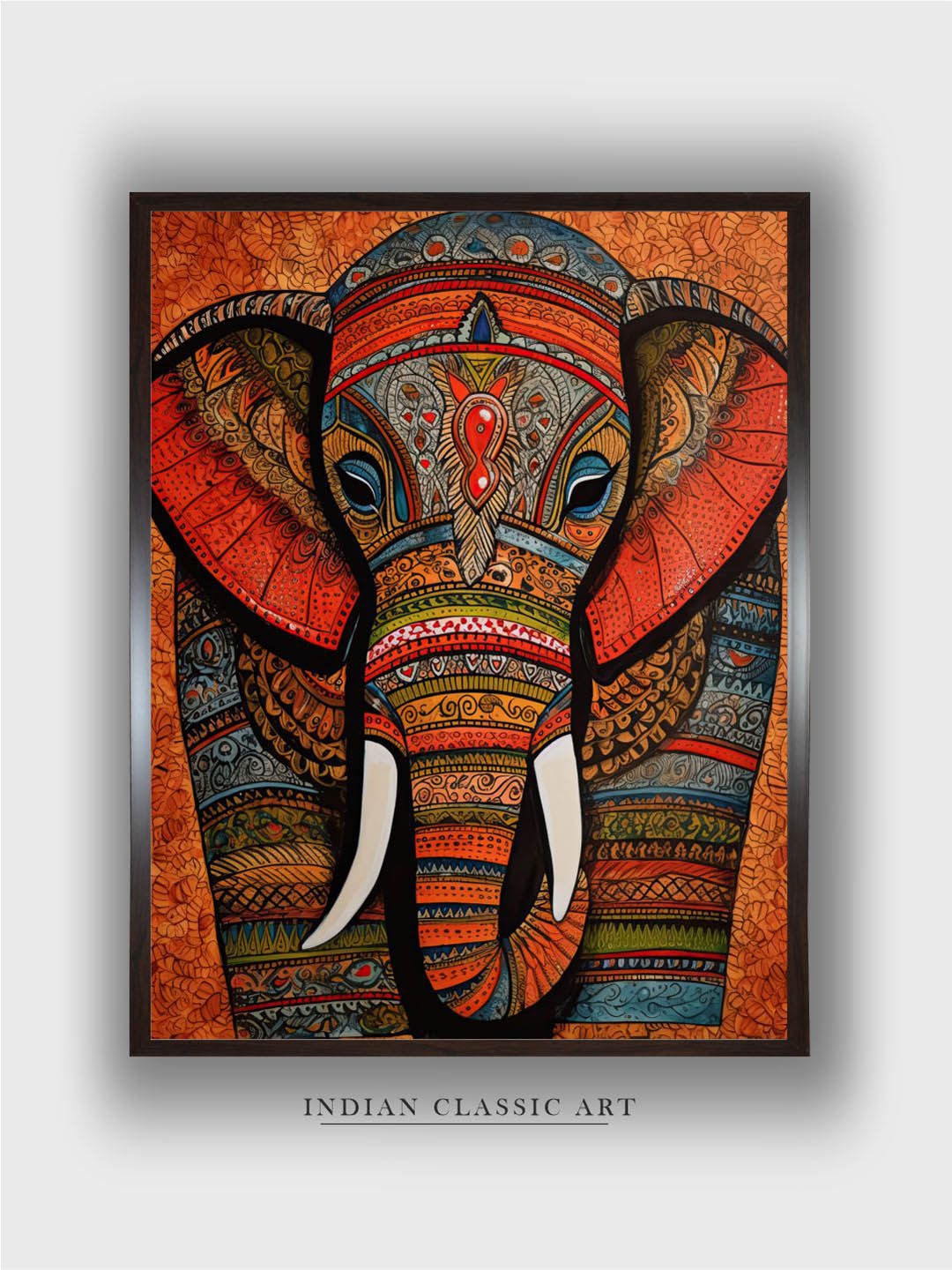 

INDIAN CLASSIC ART Orange Colored & Black Majestic Printed Framed Wall Art