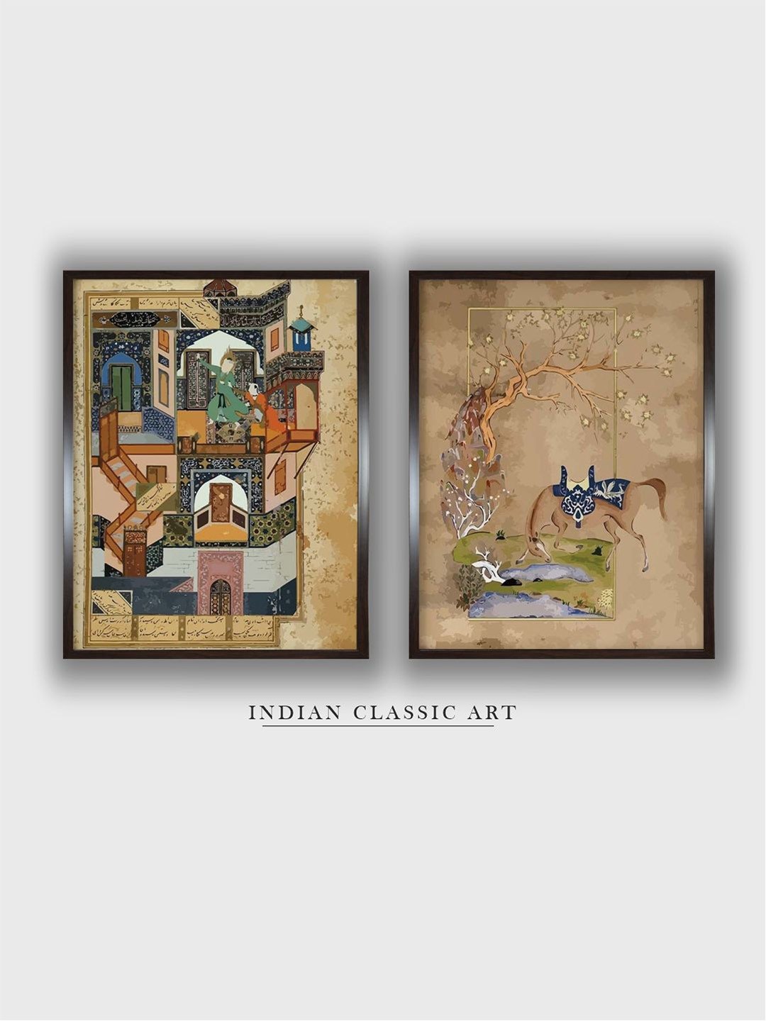 

INDIAN CLASSIC ART Set Of 2 Brown Vintage Persian Art Painted Framed Wall Art