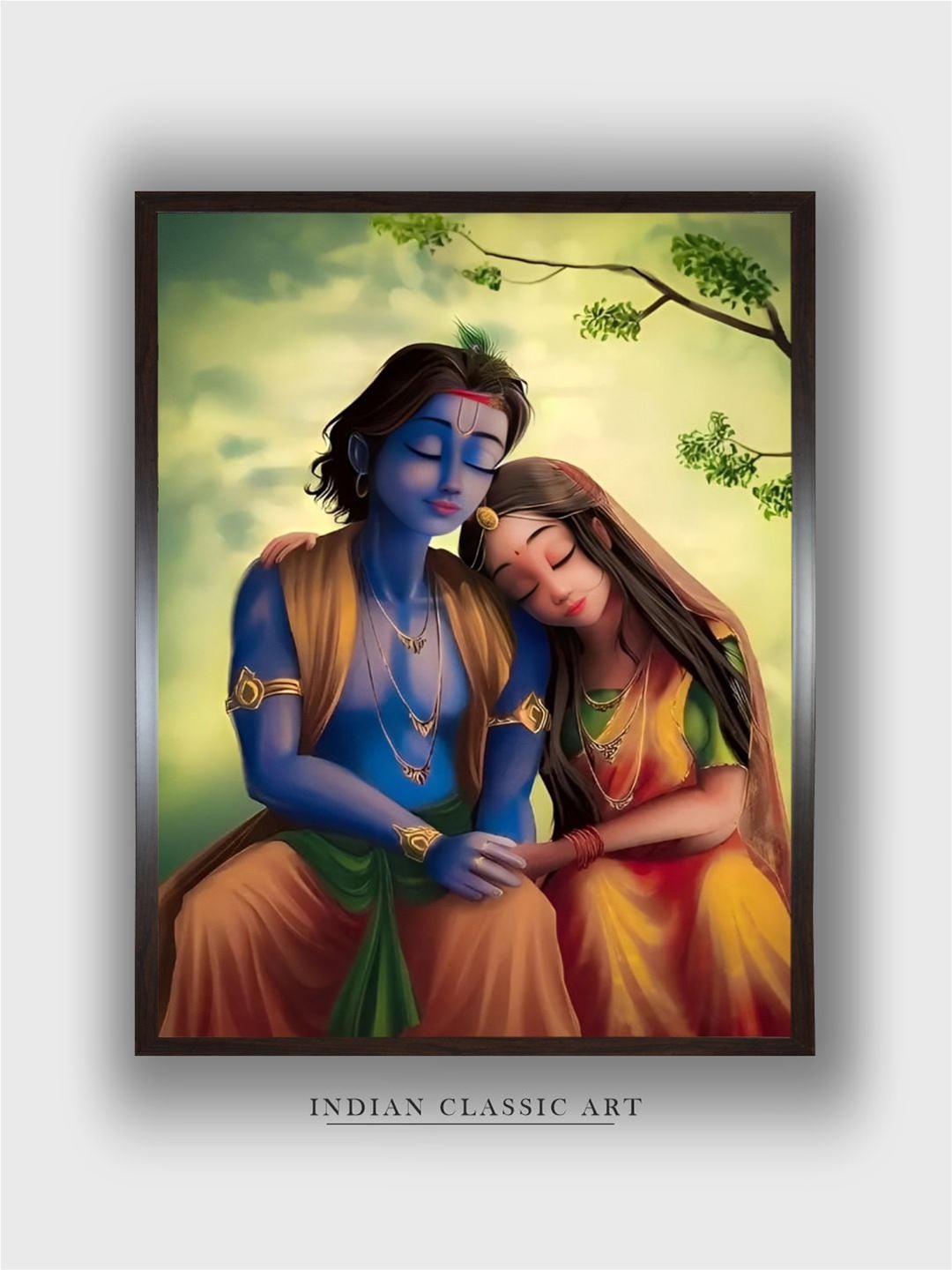 

INDIAN CLASSIC ART Green & Blue Radhakrishna Painting Canvas Wall Art