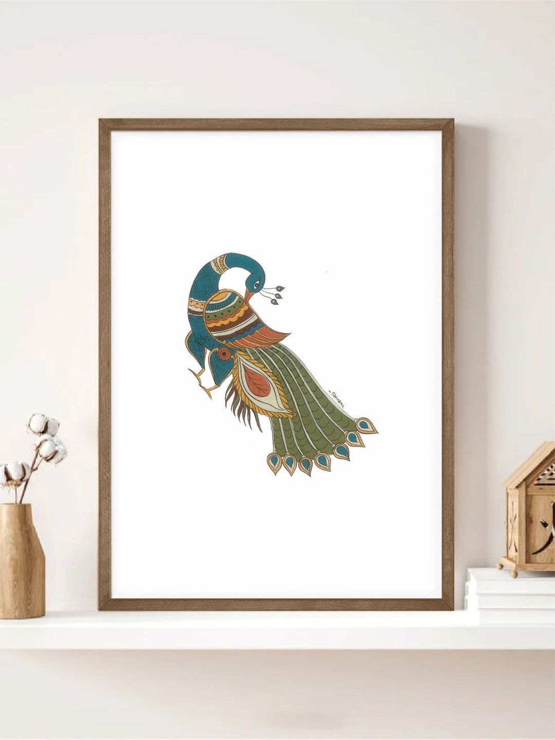 

INDIAN CLASSIC ART White & Green Kalamkari Peacock Painting Canvas Wall Art