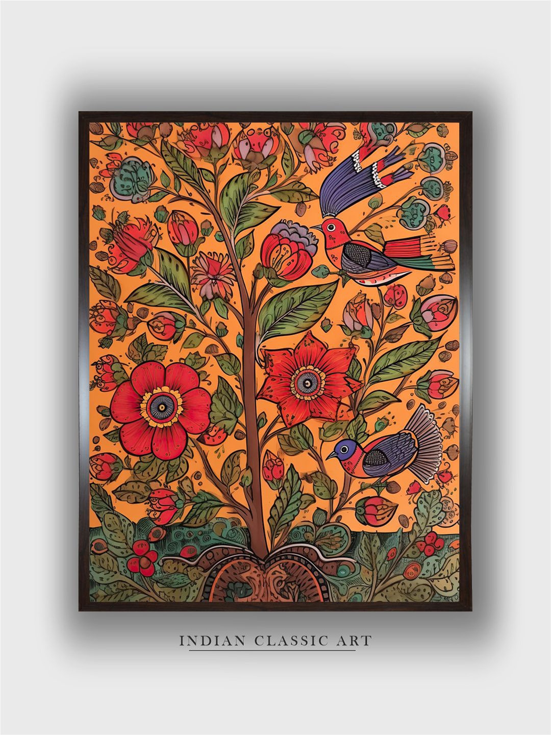 

INDIAN CLASSIC ART Orange Colored & Brown Madhubani Painting Canvas Wall Art