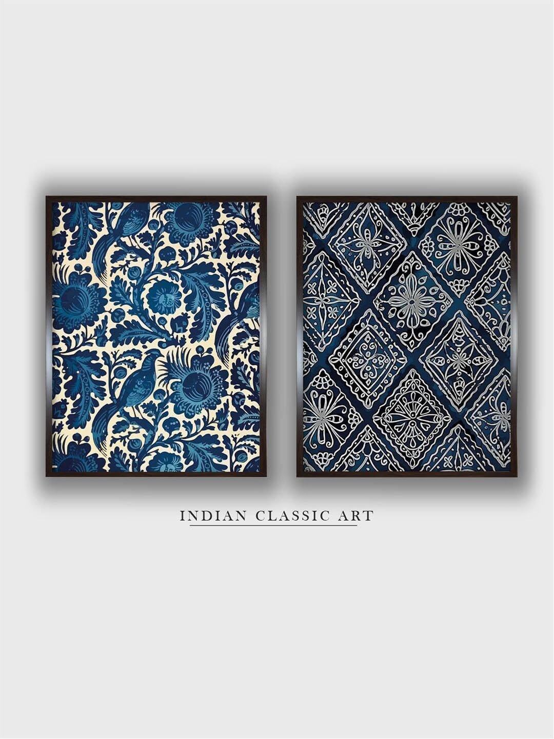

INDIAN CLASSIC ART Blue & Beige Indigo Art Painted Framed Wall Art