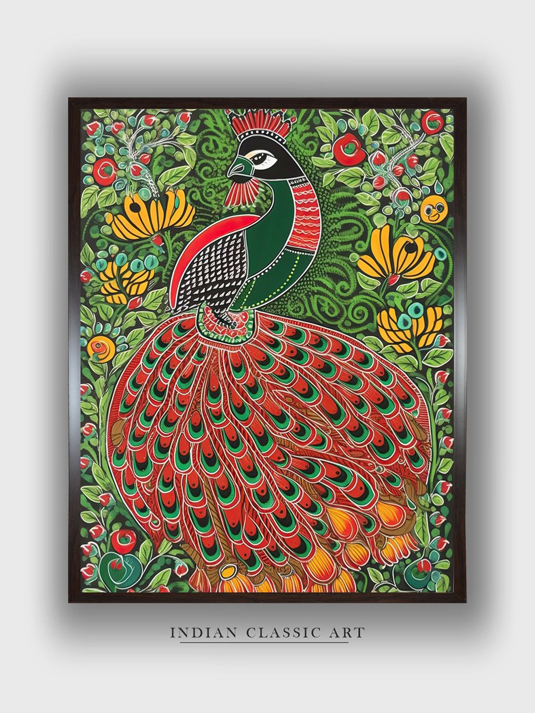 

INDIAN CLASSIC ART Green & Red Indian Peacock Painting Canvas Wall Art