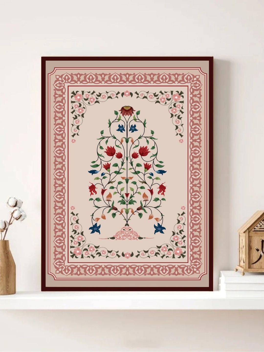 

INDIAN CLASSIC ART Peach Colored & Green Indian Folk Painting Canvas Wall Art