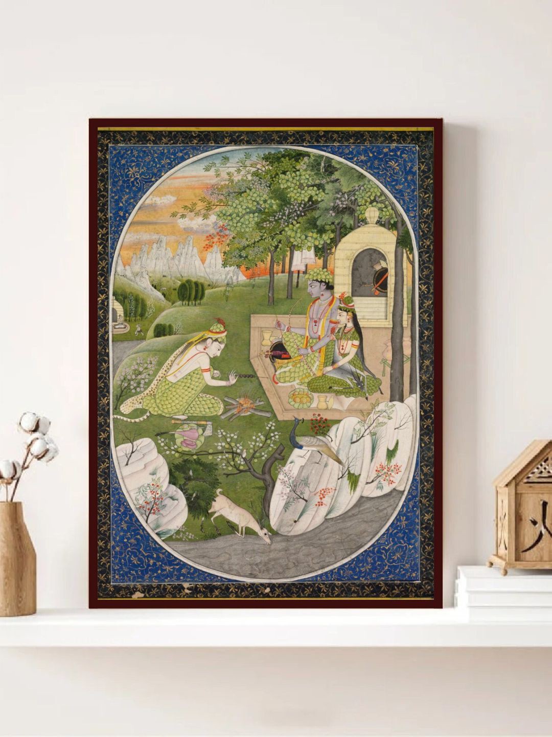

INDIAN CLASSIC ART Green & Blue Indian Rajasthani Pichwai Painting Canvas Wall Art