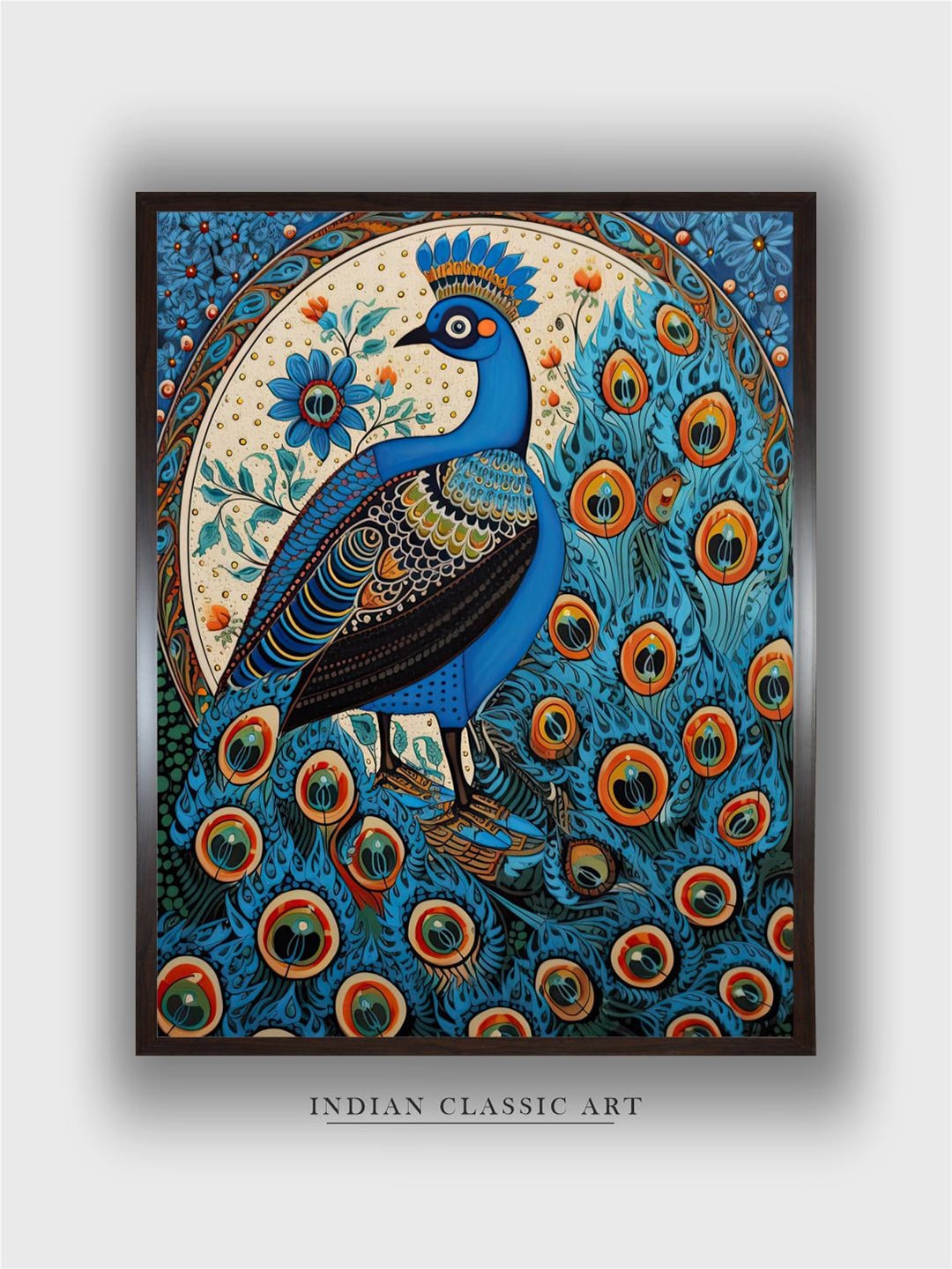 

INDIAN CLASSIC ART Blue & Beige Indian Peacock Painting Canvas Wall Art