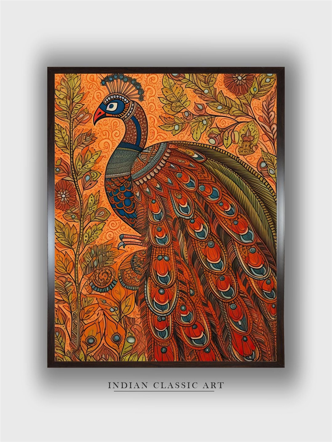 

INDIAN CLASSIC ART Orange Colored & Green Peacock Painting Canvas Wall Art