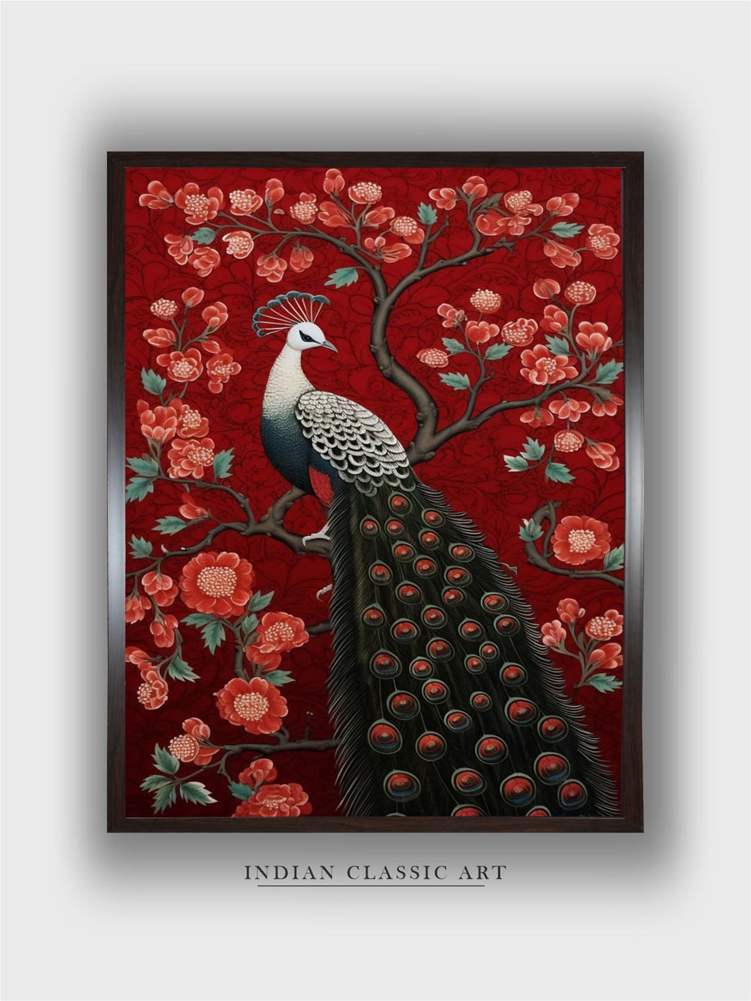 

INDIAN CLASSIC ART Red & Black Peacock Painting Canvas Wall Art