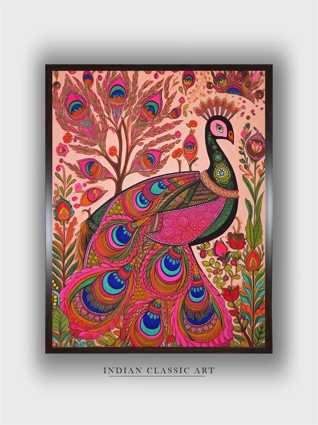 

INDIAN CLASSIC ART Pink & Green Indian Peacock Printed Framed Wall Art