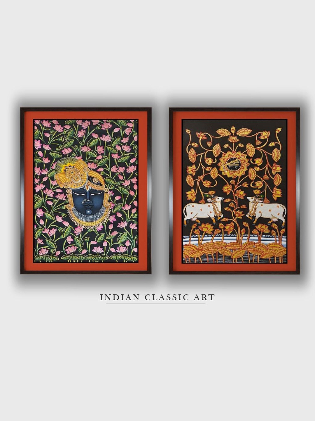 

INDIAN CLASSIC ART Pink & Yellow 2 Pieces Shreenathji & Cow Painted Framed Wall Art