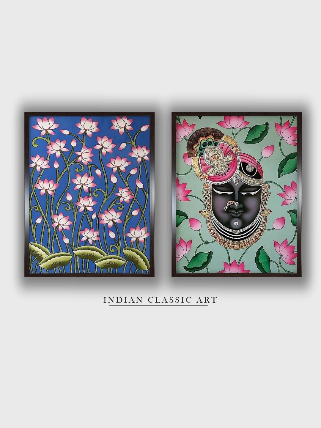 

INDIAN CLASSIC ART Pink & Blue 2 Pieces Indian Folk Floral Shreenathji Wall Art