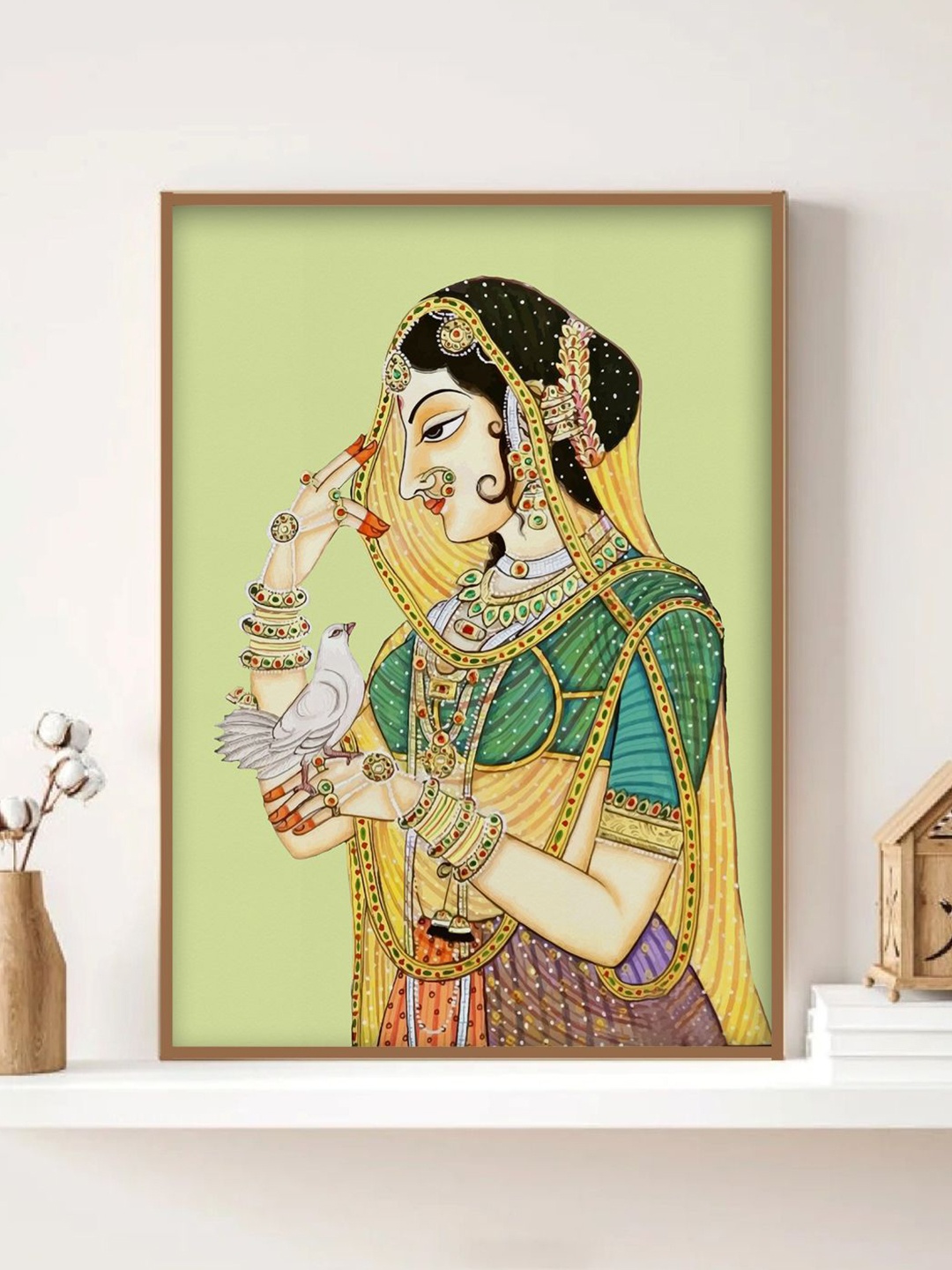 

INDIAN CLASSIC ART Indian Folk Art Of Royal Princess With Pigeon Painting Wall Art, Green