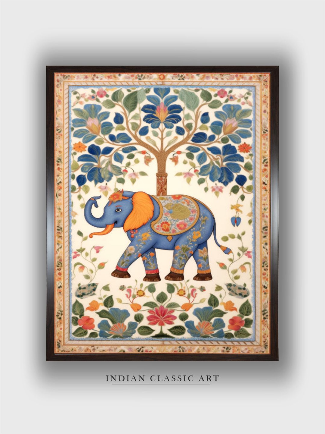 

INDIAN CLASSIC ART Beige & Green Indian Elephant Painting Canvas Wall Art