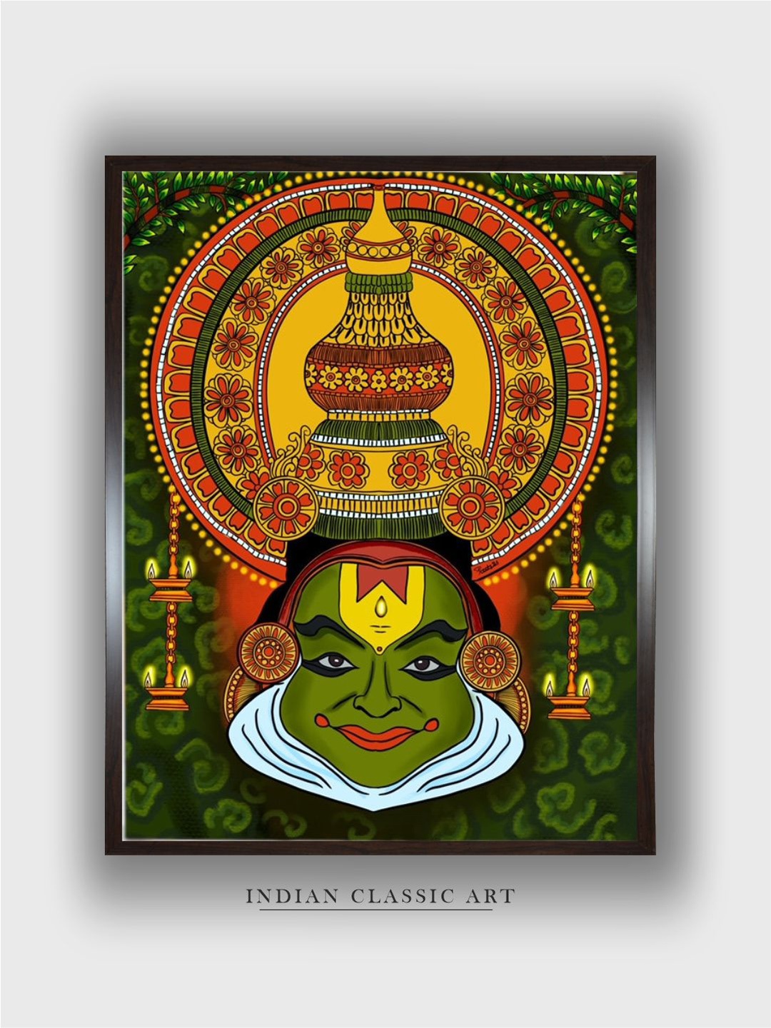 

INDIAN CLASSIC ART Green & Yellow Kathakali Dancer Painting Canvas Wall Art