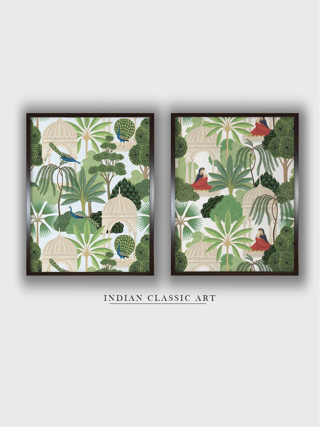 

INDIAN CLASSIC ART Green & Beige 2-Pieces Indian Royal Printed Framed Wall Art