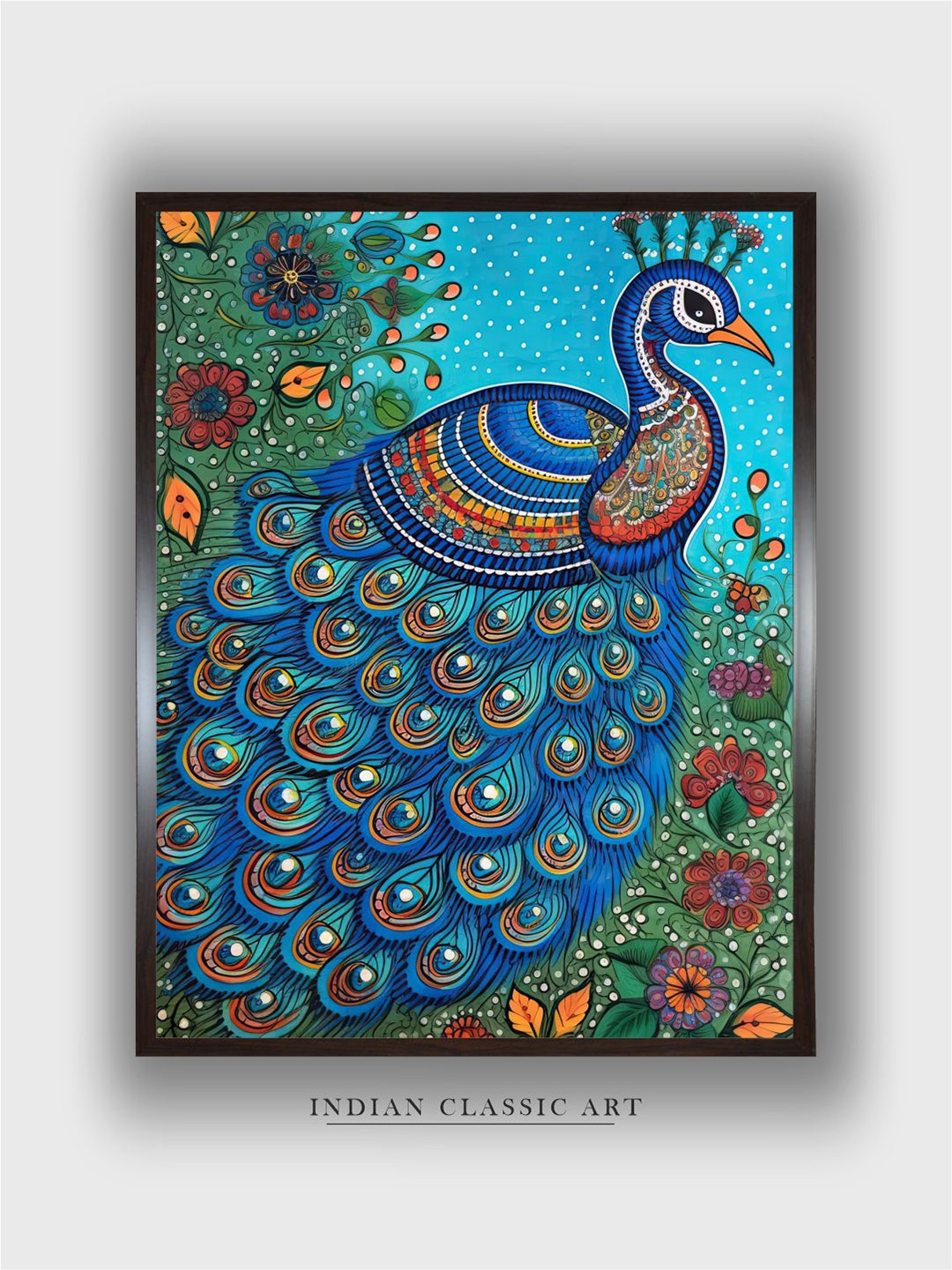 

INDIAN CLASSIC ART Blue & Green Peacock Painted Framed Wall Art