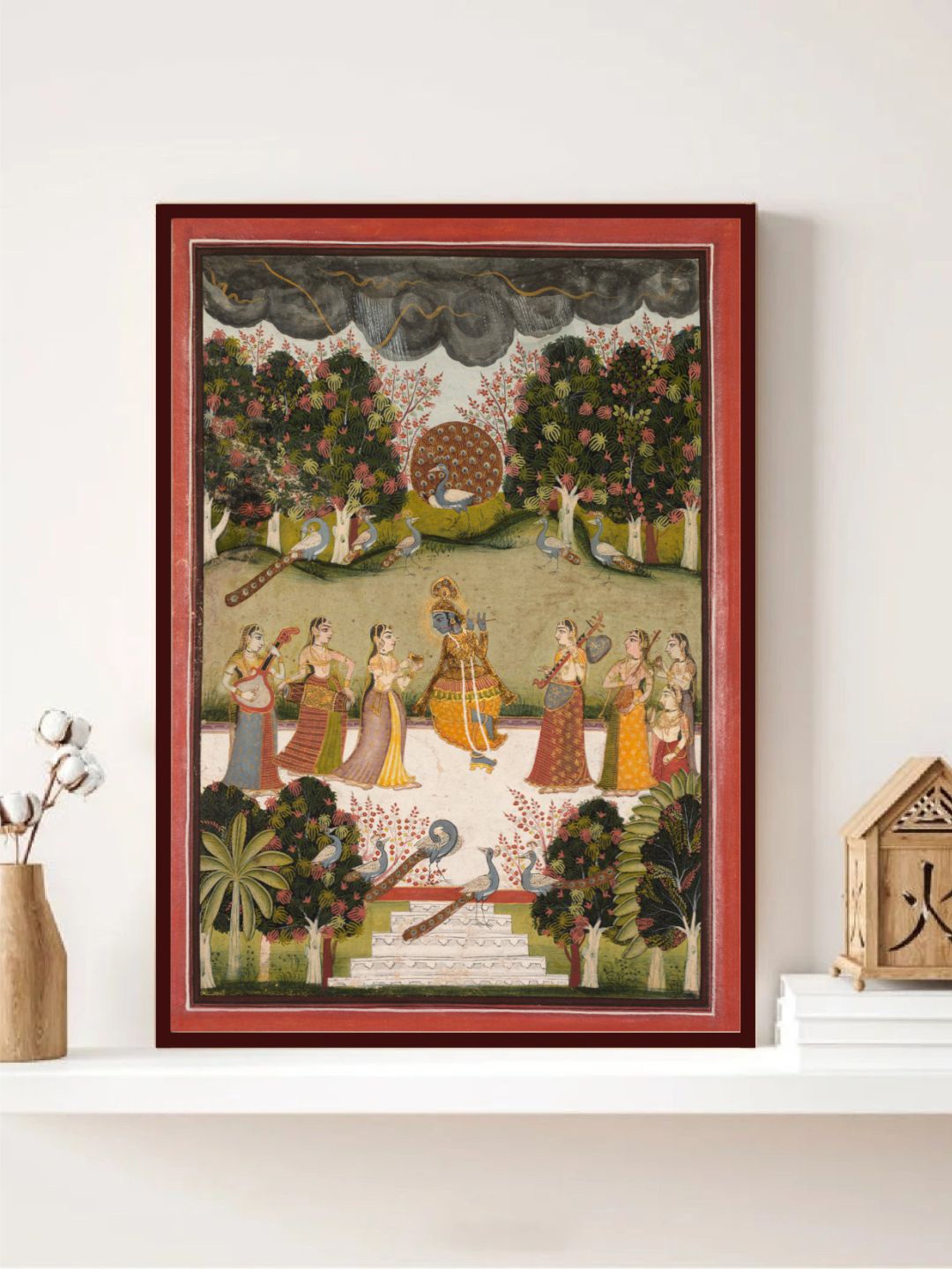 

INDIAN CLASSIC ART Green & Brown Indian Rajasthani Pichwai Painting Wall Art
