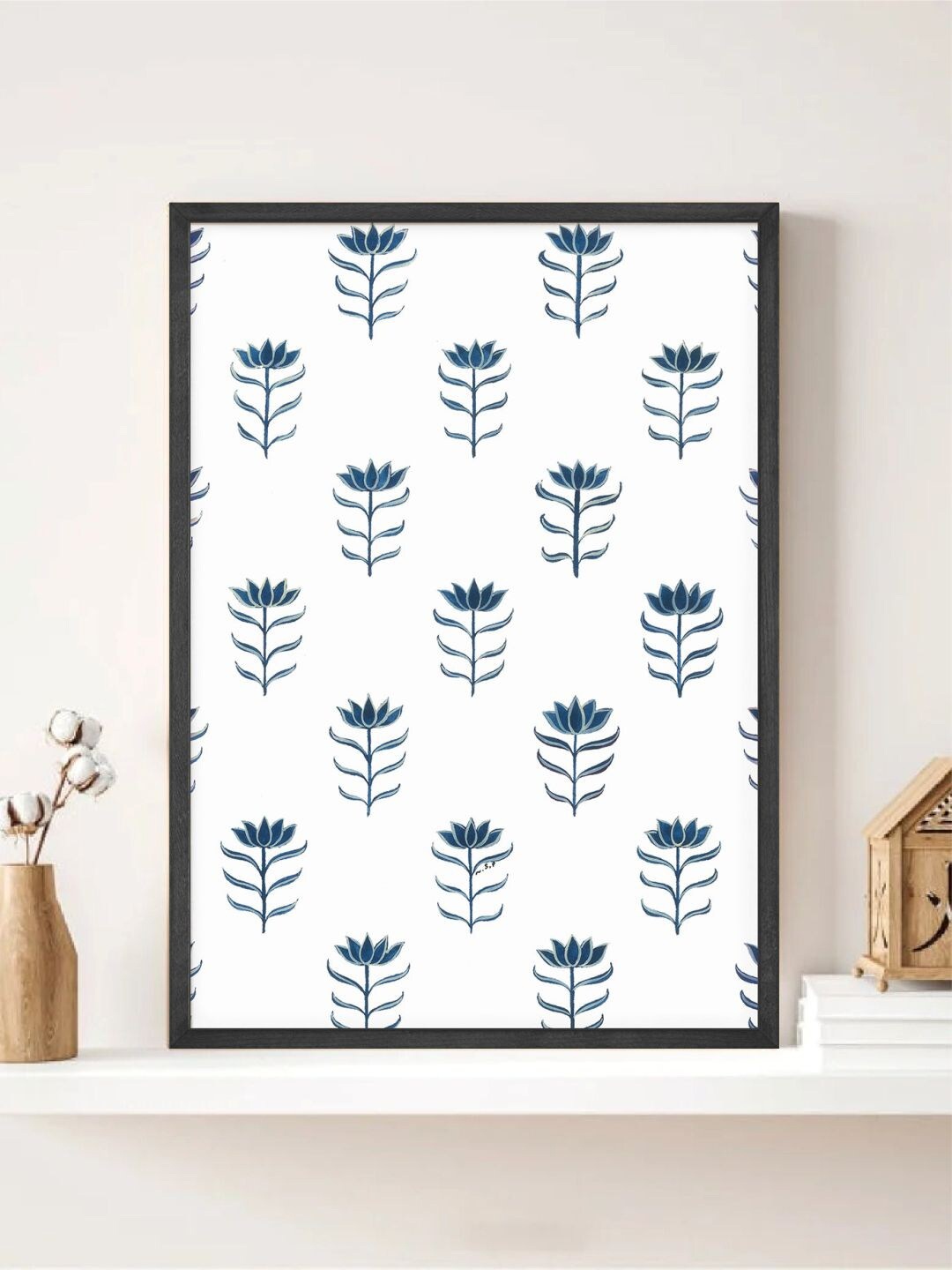 

INDIAN CLASSIC ART White & Blue Indian Floral Painting Wall Art