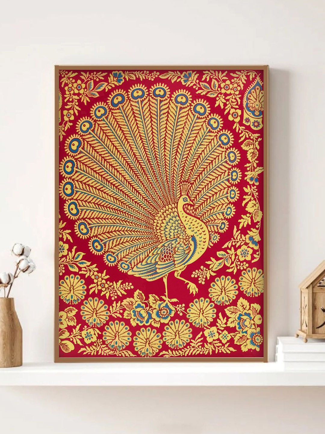 

INDIAN CLASSIC ART Red & Yellow Peacock Painted Framed Wall Art