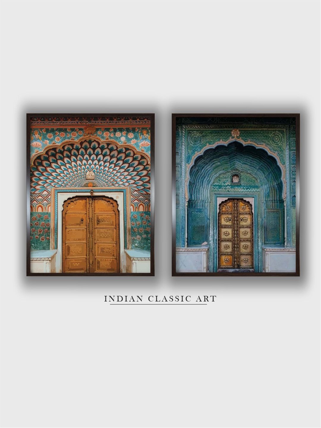 

INDIAN CLASSIC ART Blue & Brown 2 Pieces Jaipur Palace Painted Framed Wall Art, Green