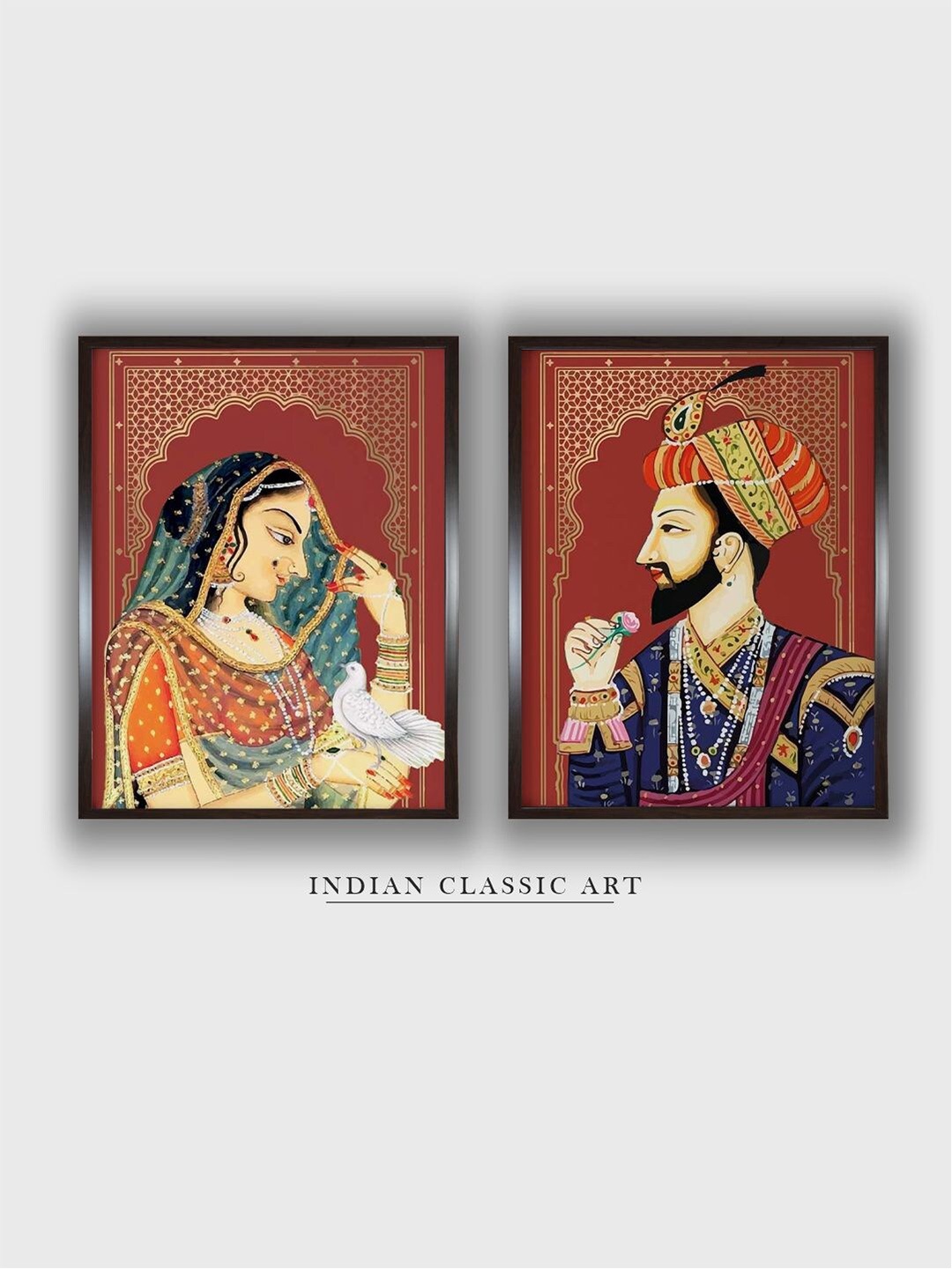 

INDIAN CLASSIC ART Brown 2 Pieces Indian Royal Raja Rani Printed Wall Art