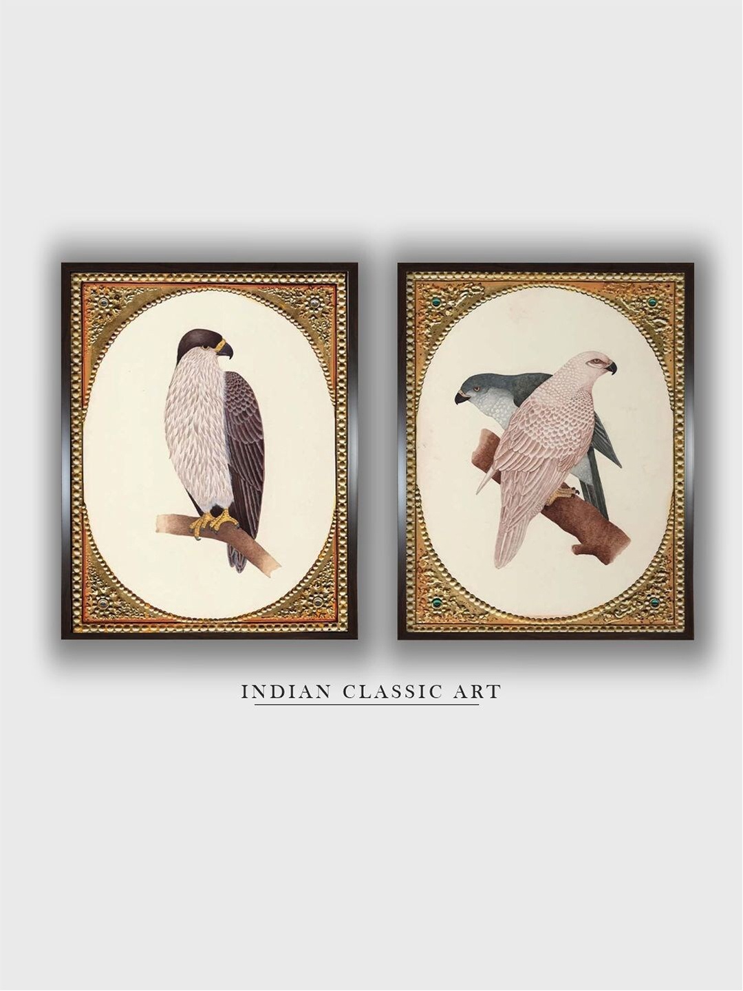 

INDIAN CLASSIC ART Brown & Beige 2 Pieces Vintage Birds Painted Framed Wall Art