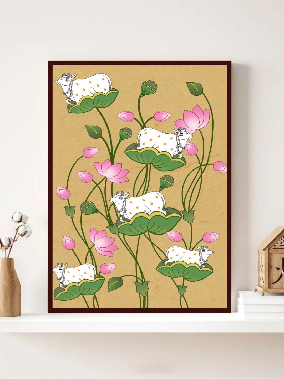 

INDIAN CLASSIC ART Yellow & Green Cow Pichwai Printed Framed Wall Art