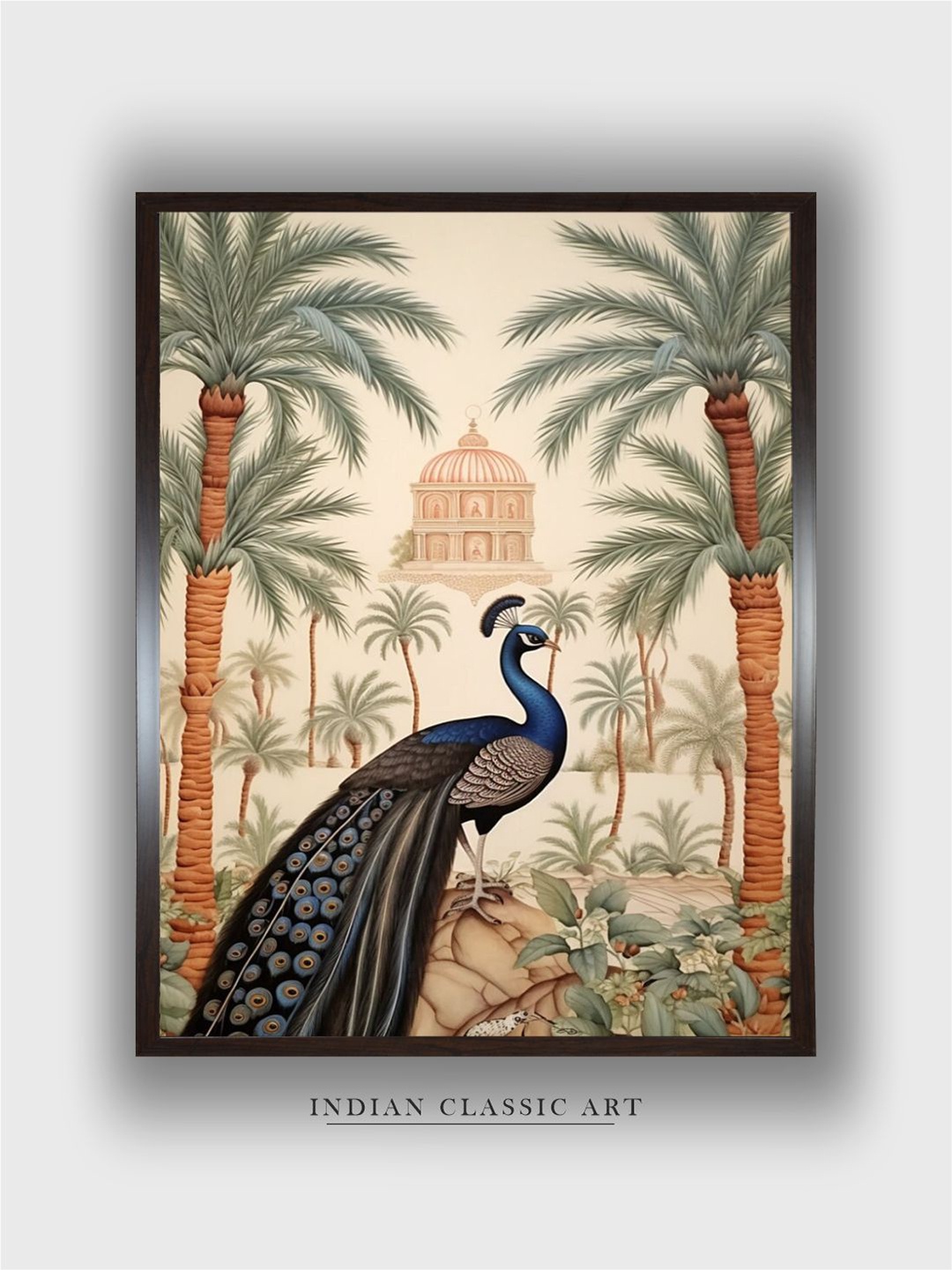 

INDIAN CLASSIC ART Green & Beige Peacock Painting Framed Wall Art