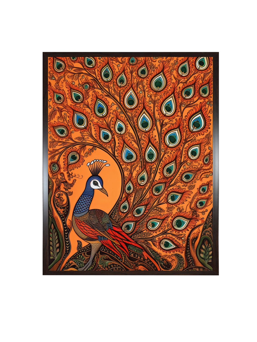 

INDIAN CLASSIC ART Orange Peacock Printed Framed Wall Art