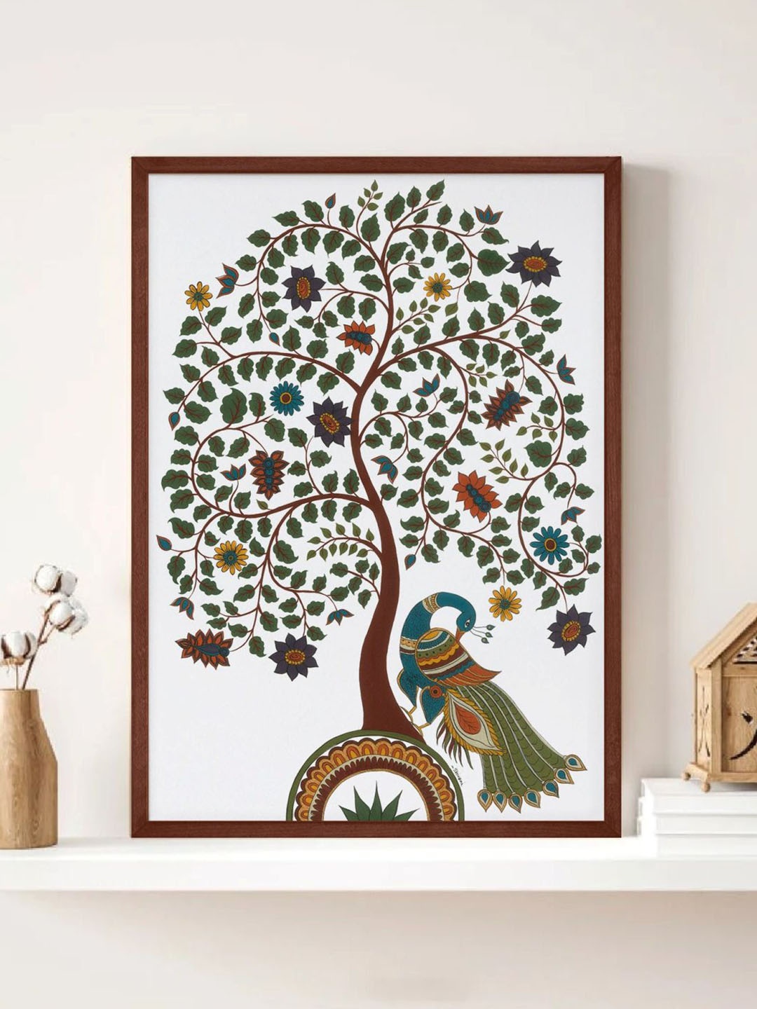 

INDIAN CLASSIC ART Kalamkari Tree Of Life With Peacock Printed Framed Wall Art, Brown