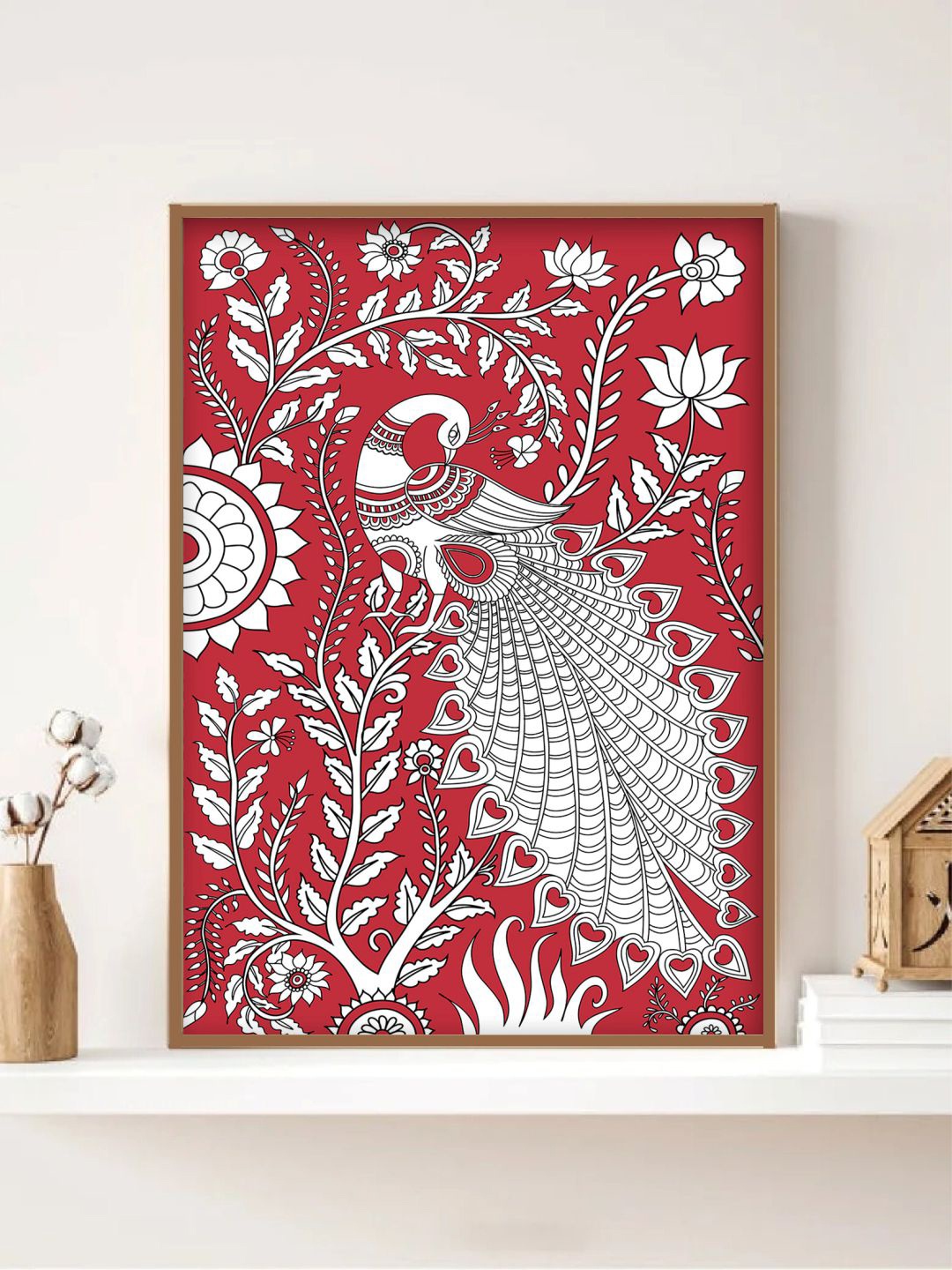 

INDIAN CLASSIC ART Red Kalamkari Peacock Painting Wall Art