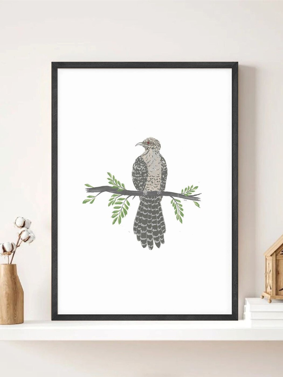 

INDIAN CLASSIC ART White & Grey Cuckoo Bird Printed Framed Wall Art