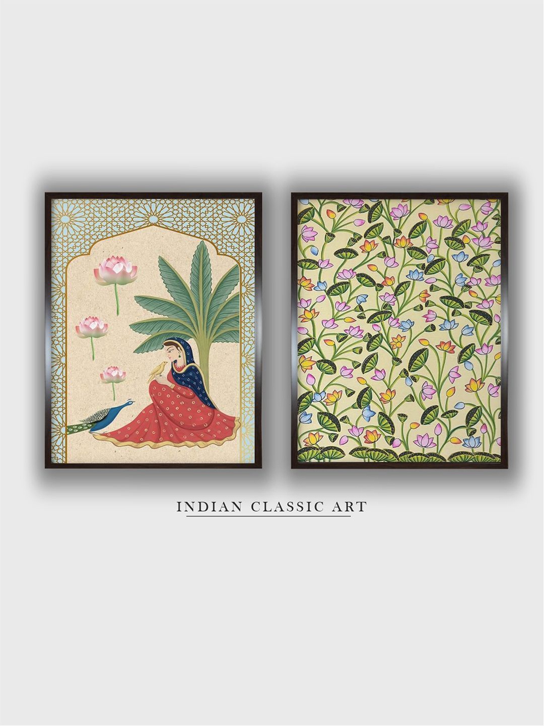 

INDIAN CLASSIC ART Green & Beige 2-Pieces Indian Folk Printed Framed Wall Art