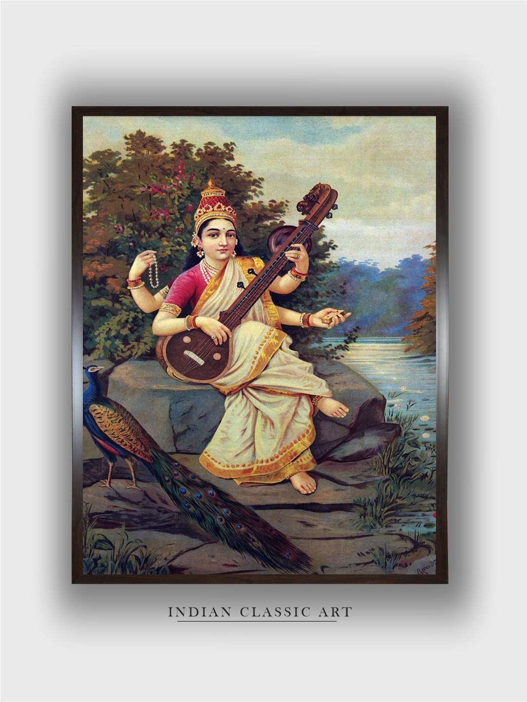 

INDIAN CLASSIC ART Beige & Grey Saraswatiindain Printed Framed Wall Art