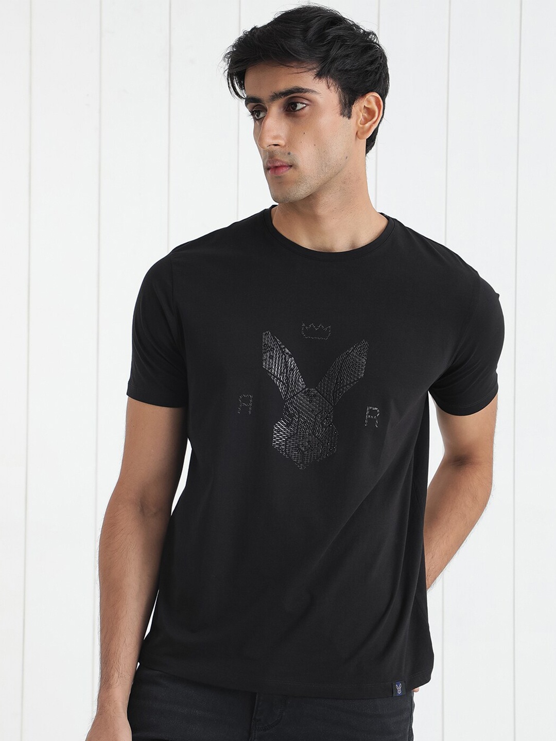 

RARE RABBIT Men Balta Graphic Printed Round Neck Cotton Slim Fit T-Shirt, Black