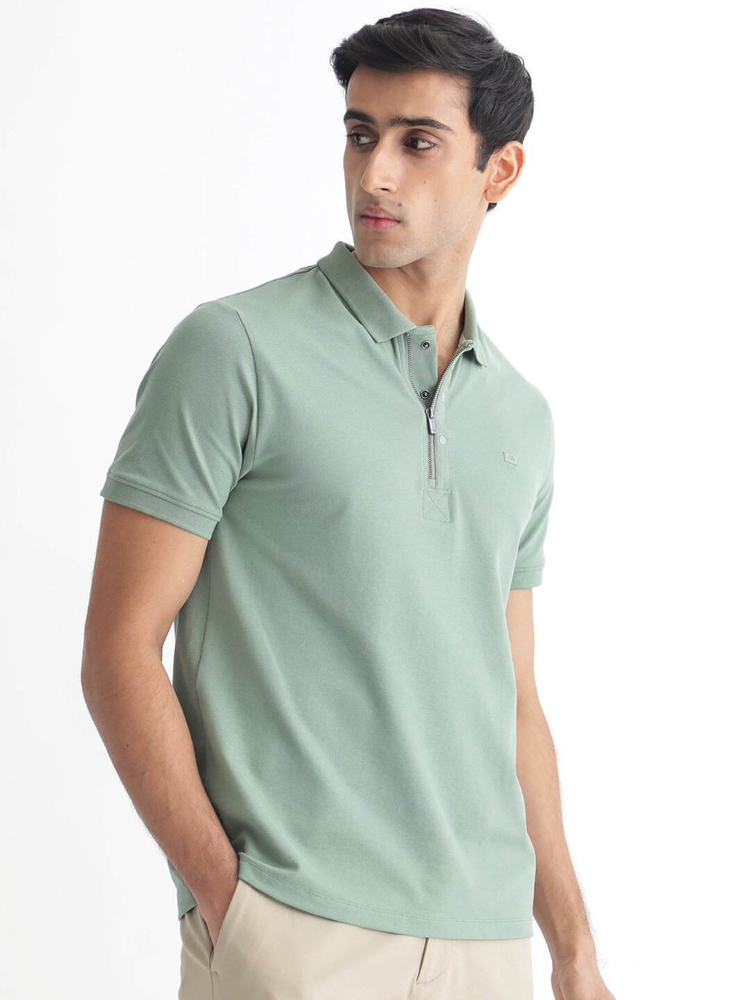 

RARE RABBIT Men Rings-4 Slim Fit Solid Polo Collar T-Shirt, Green