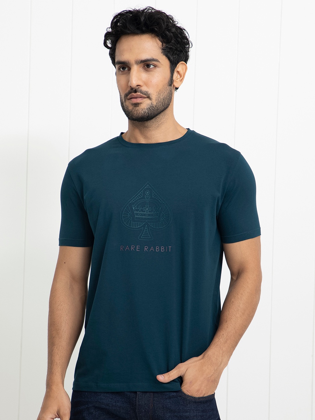 RARE RABBIT Men Circo Graphic Printed Slim Fit Cotton T-Shirt, Green