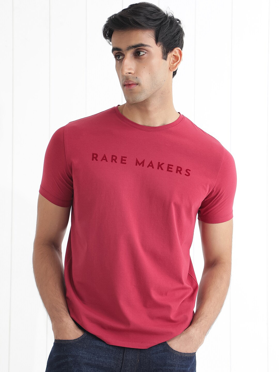 

RARE RABBIT Men Burke Typography Printed Round Neck Cotton Slim Fit T-Shirt, Red