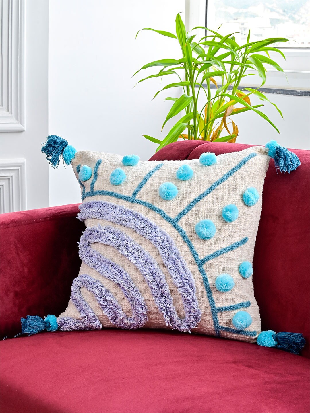 

Tistabene Cream-Coloured & Blue Embroidered Cotton Square Cushion Cover