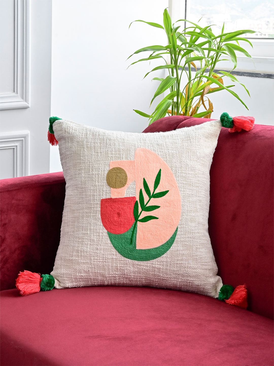 

Tistabene Off White & Red Embroidered Cotton Square Cushion Cover