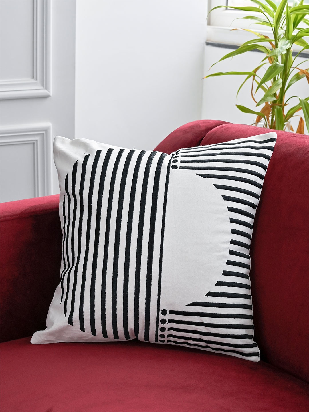 

Tistabene White & Black Embroidered Cotton Square Cushion Cover