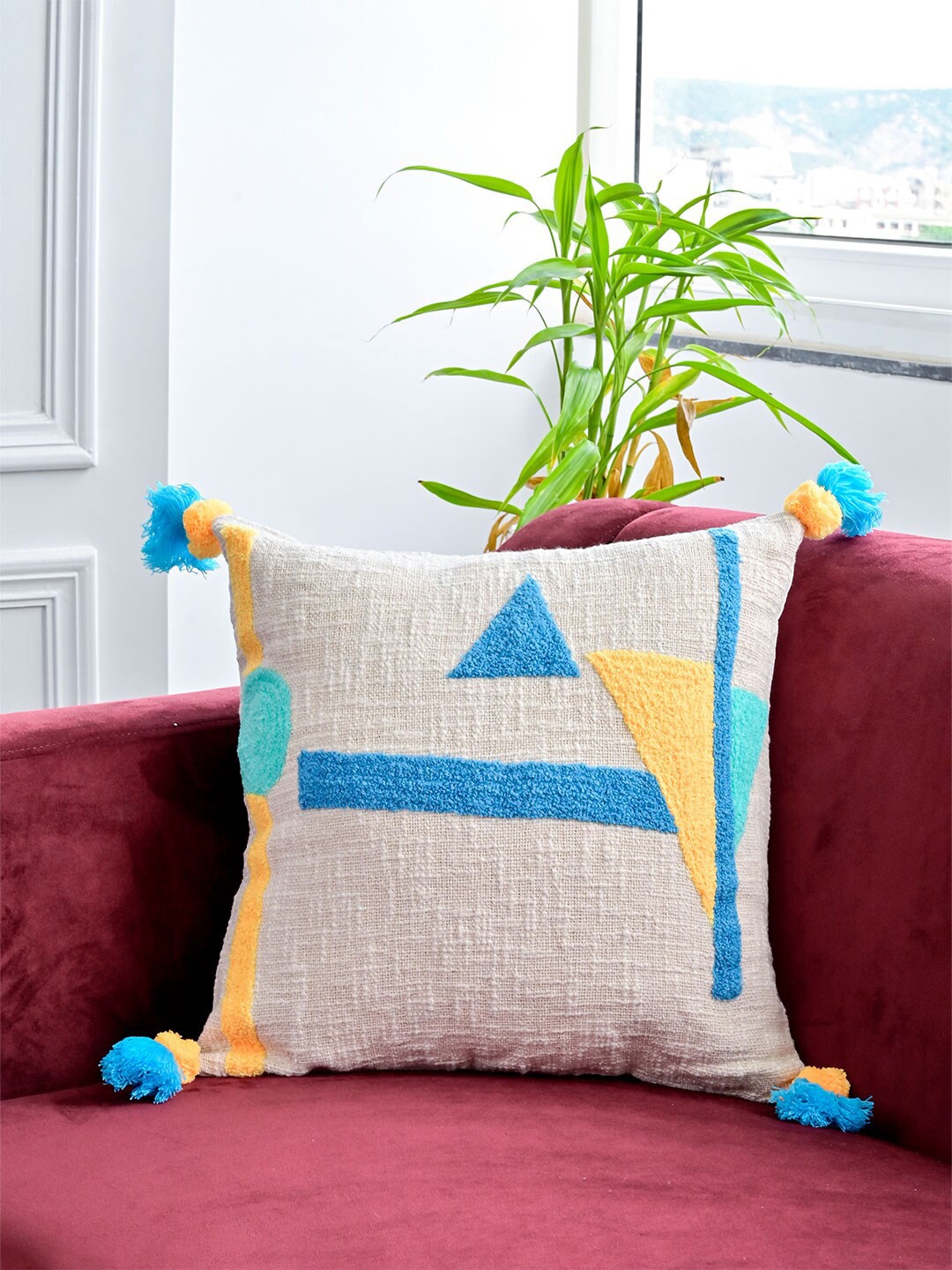 

Tistabene Blue & Yellow Embroidered Cotton Square Cushion Cover