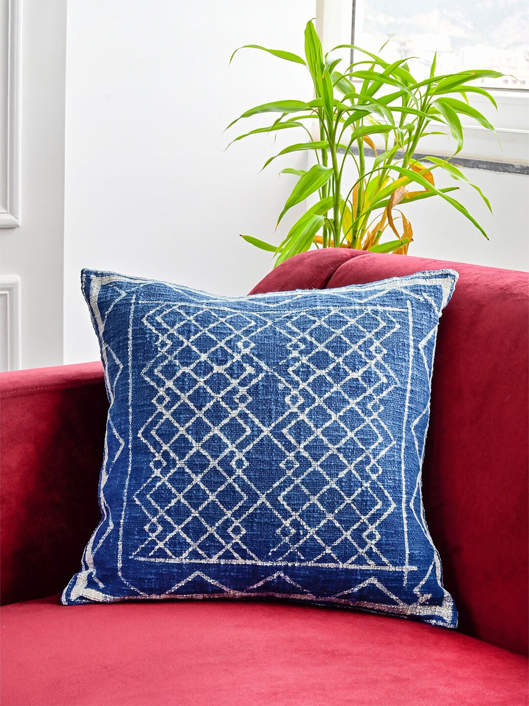

Tistabene Blue & White Embroidered Cotton Square Cushion Cover