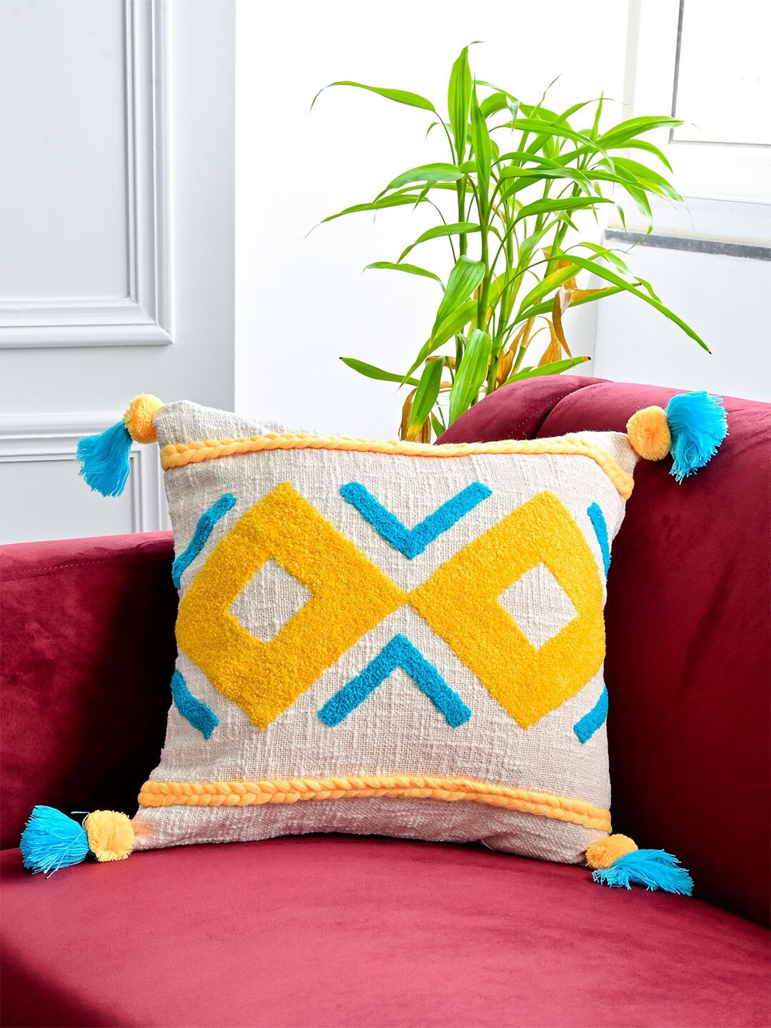 

Tistabene Off White & Blue Embroidered Cotton Square Cushion Cover