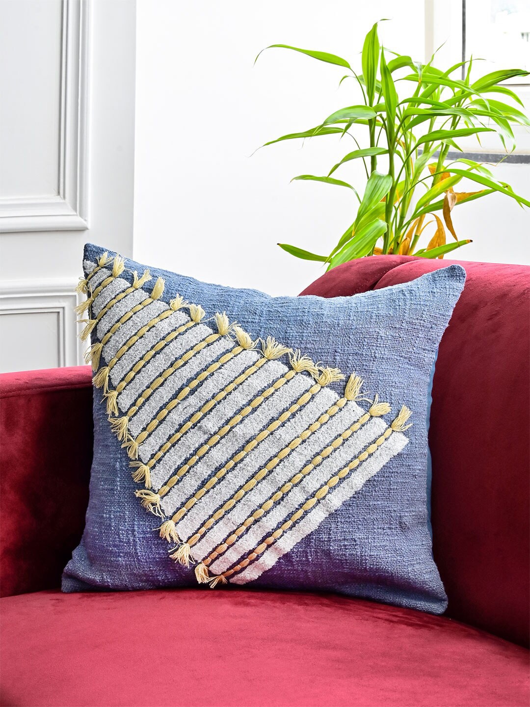 

Tistabene Blue & Grey Embroidered Cotton Square Cushion Cover