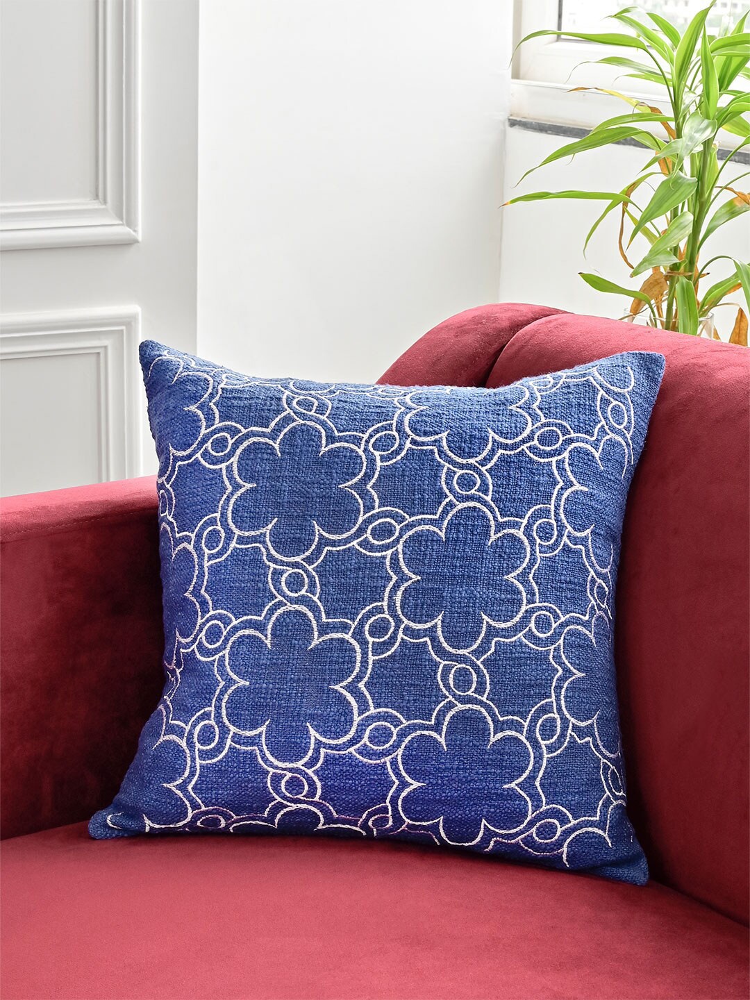 

Tistabene Blue & White Embroidered Cotton Square Cushion Cover
