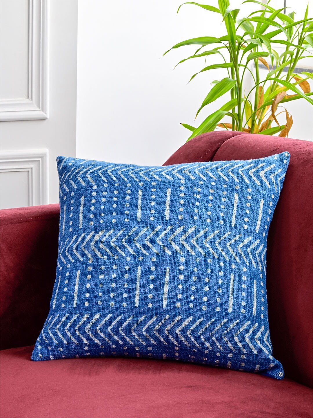 

Tistabene Blue & White Embroidered Cotton Square Cushion Cover