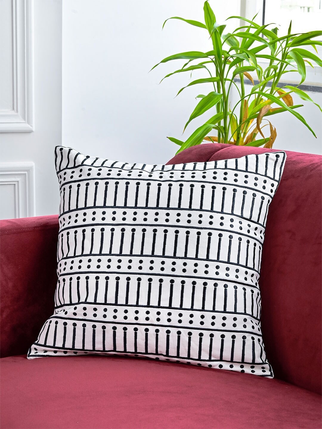 

Tistabene White & Black Embroidered Cotton Square Cushion Cover