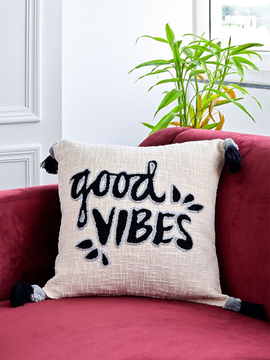 

Tistabene White & Black Embroidered Cotton Square Cushion Cover